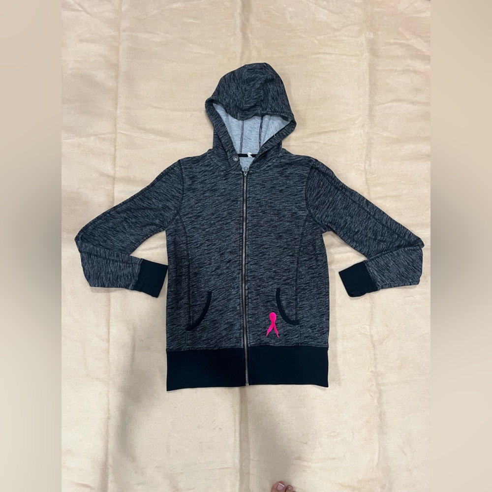 Gray Zip-Up Hoodie with Pink Ribbon